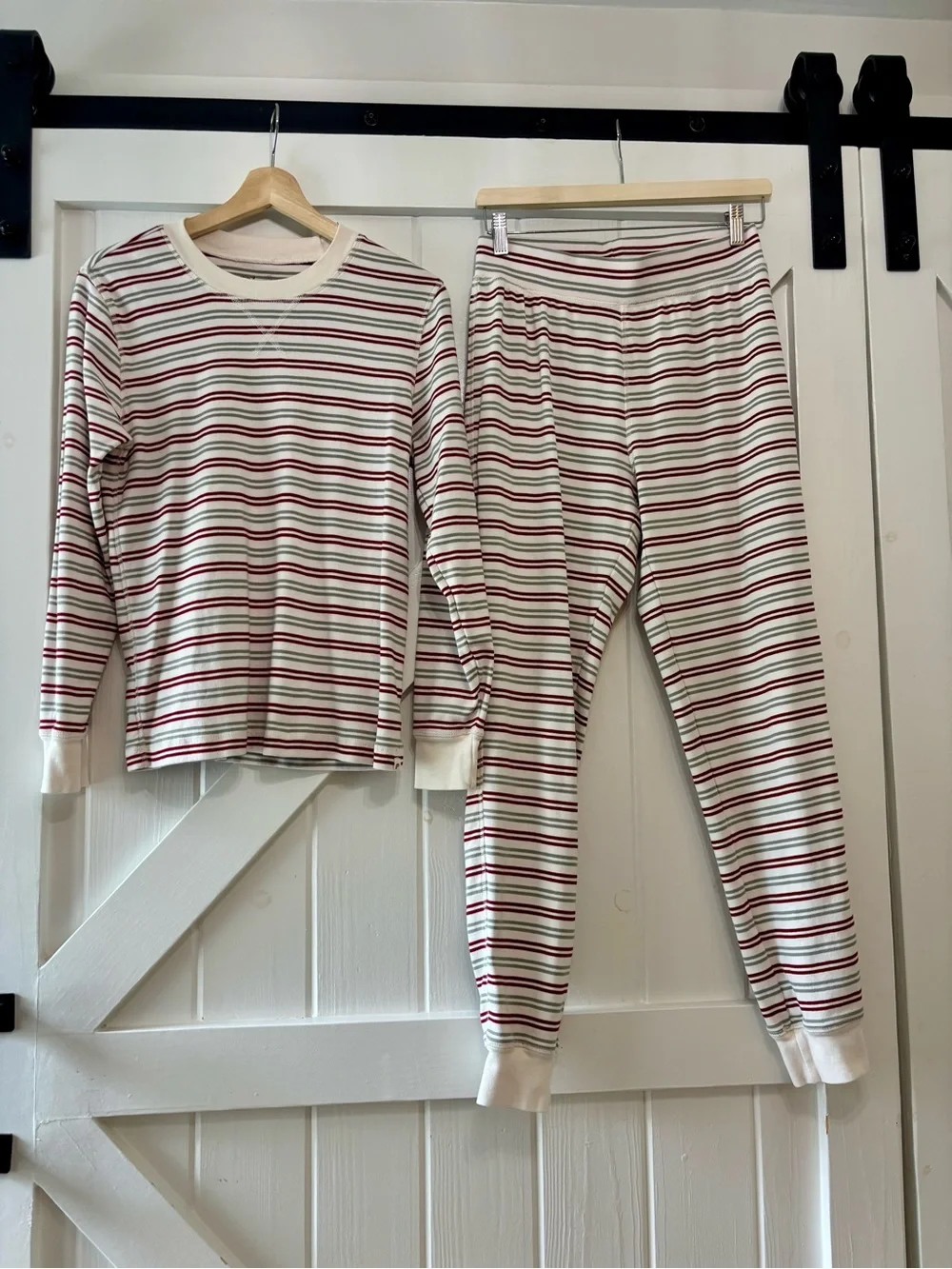 PACT Organic Cotton Burgundy Red Sage Green Striped Long Sleeve Pajama Set S